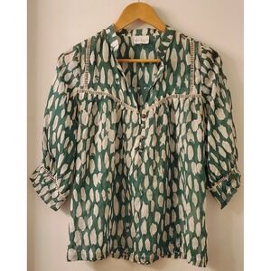 Anthropologie Dolan Blouse Silk S Kelly Green/Tan Printed Open Weave Semi Sheer